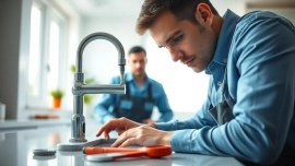 Plumber Sans Souci repairing a faucet in a bright, modern kitchen environment.