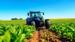 New Holland Traktor pflügt fruchtbares Feld unter blauem Himmel.