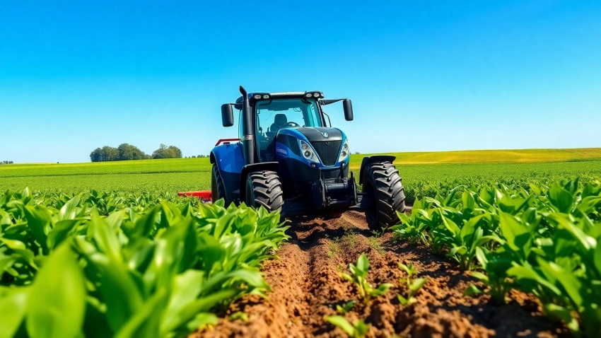 New Holland Traktor pflügt fruchtbares Feld unter blauem Himmel.