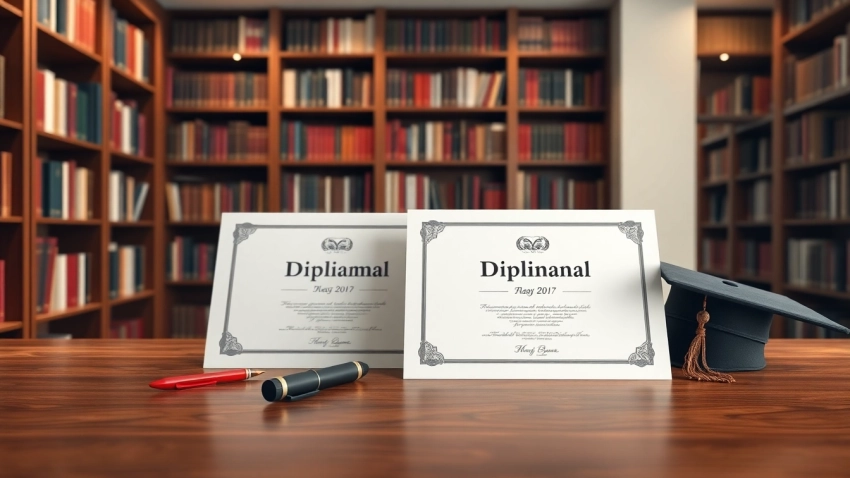 Buy diploma with realistic design showcased on a professional desk setting.