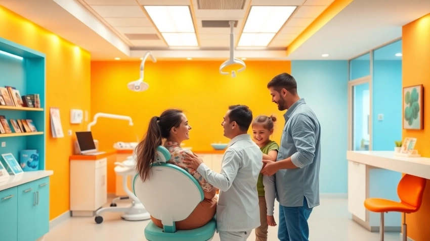 Dental marketing strategies showcased through a friendly dentist and family in a bright clinic