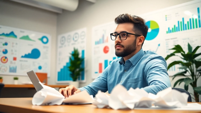 Launch Successful Startup with an entrepreneur analyzing creative ideas in a modern office.