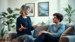 Therapist discussing depression with a patient in a calm, inviting therapy room.