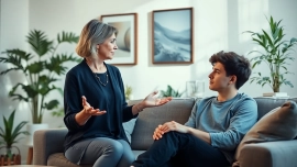 Therapist discussing depression with a patient in a calm, inviting therapy room.