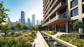 Architekturvisualisierung eines modernen Wohngebäudes in einer urbanen Landschaft mit lebendigen Details.
