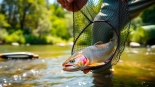 Angler using a fly fishing net to catch a trout in a peaceful river setting.
