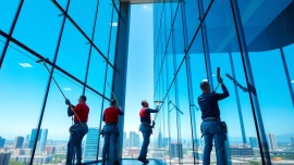 Skilled window cleaners meticulously cleaning high glass windows, showcasing professionalism.