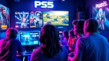 Engaged gamers enjoying PS5 games in a vibrant, dynamic gaming setup