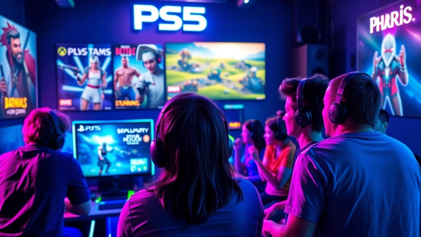 Engaged gamers enjoying PS5 games in a vibrant, dynamic gaming setup