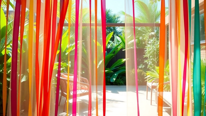 Descubre las cortinas hawaianas coloridas que dividen el espacio en un ambiente tropical.