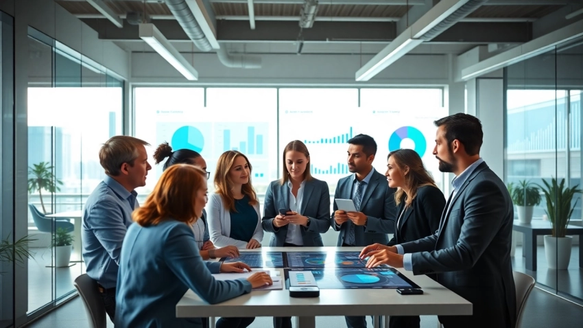 Showcasing professionals engaging in competitive intelligence analysis, highlighting collaboration and technology.