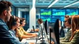 Engaged Callzent call center agents collaborating in a vibrant workspace, showcasing professionalism.