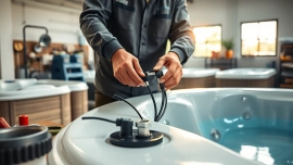 Technician performing Hot Tub Repairs on a modern workbench with tools in focus.