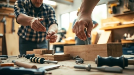 Fasten von Materialien in einer professionellen Werkstatt mit Handwerkern, die tätig sind.