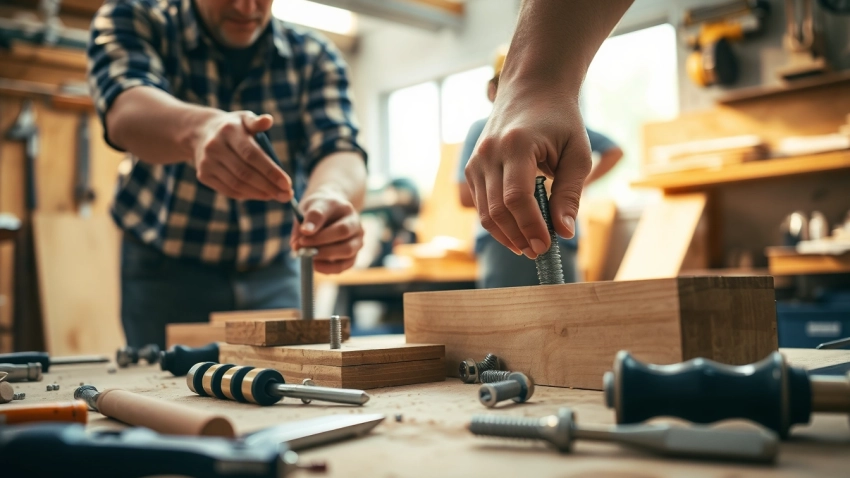 Fasten von Materialien in einer professionellen Werkstatt mit Handwerkern, die tätig sind.