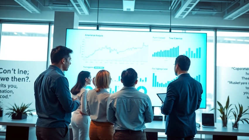 Analyze competitive intelligence data with a diverse team in a modern office.