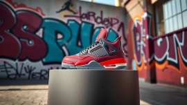 Showcasing the Air Jordan 4 replica with urban flair and vibrant details in an energetic setting.