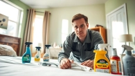 Technician conducting bed bug treatment with insecticides and traps in a well-lit bedroom.