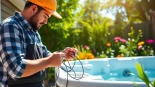Electrician meticulously handling hot tub electrical wiring in a sunny garden setting.