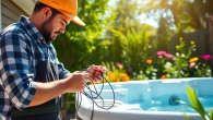 Electrician meticulously handling hot tub electrical wiring in a sunny garden setting.