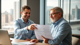 Back tax professional assisting a client with tax documents in a well-lit office.