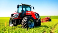 Massey Ferguson Traktor arbeitet auf einem leuchtend grünen Feld und zeigt seine Vielseitigkeit.