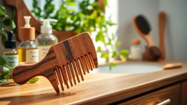 Use a wide tooth comb for detangling hair, showcasing smooth, eco-friendly material against a cozy backdrop.