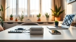 Image showcasing a starlink mini 12v power supply in a stylish home office setup with natural lighting.