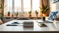 Image showcasing a starlink mini 12v power supply in a stylish home office setup with natural lighting.