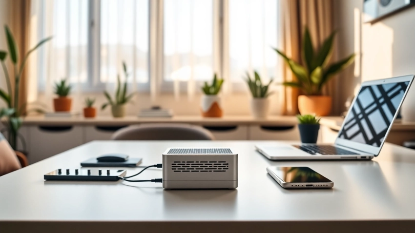 Image showcasing a starlink mini 12v power supply in a stylish home office setup with natural lighting.
