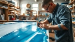 Applying laminating resin in a bright workshop, emphasizing craftsmanship and precision.