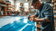 Applying laminating resin in a bright workshop, emphasizing craftsmanship and precision.