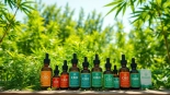 Showcasing cbd organics products in a serene outdoor setting with lush greenery.