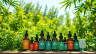 Showcasing cbd organics products in a serene outdoor setting with lush greenery.