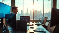 Showcasing Cloud infrastructure and DevOps services with a professional architect in a high-tech office.