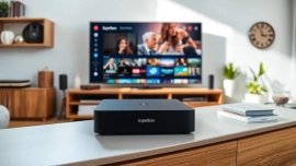 Stream stunning content with the superbox on a stylish TV setup in a bright living room.