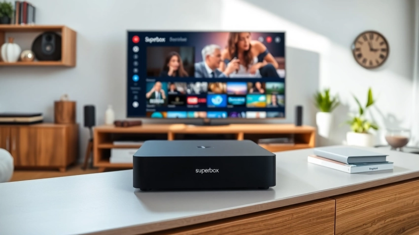 Stream stunning content with the superbox on a stylish TV setup in a bright living room.