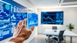 Datenraum Anbieter Deutschland, innovative digitale Schnittstelle in einem modernen Büro mit visuellen Analysen.