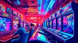 Bermain net77 game dengan konsentrasi tinggi di lingkungan gaming yang penuh warna.