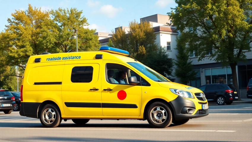 Pomoc drogowa Mikołów to niezawodny pojazd gotowy do akcji na tle miejskiego krajobrazu.