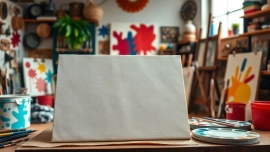 Canvas stoffen met diverse texturen en kleuren in een levendige werkplaats.