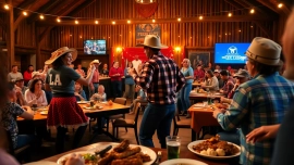 Enjoying a lively performance at firelight barn dinner theater featuring dancing and BBQ delights.