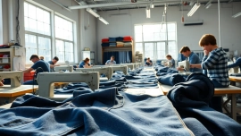 Showcase of jeans garment manufacturers working skillfully on custom denim pieces, highlighting craftsmanship.