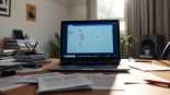 Merging PDF files online free using an intuitive interface on a laptop, showcasing productivity tools on a desk.
