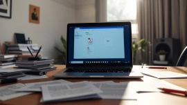 Merging PDF files online free using an intuitive interface on a laptop, showcasing productivity tools on a desk.