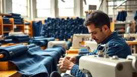 Artisan focused on sewing quality jeans at jeans garment manufacturers facility, showcasing craftsmanship and denim texture.