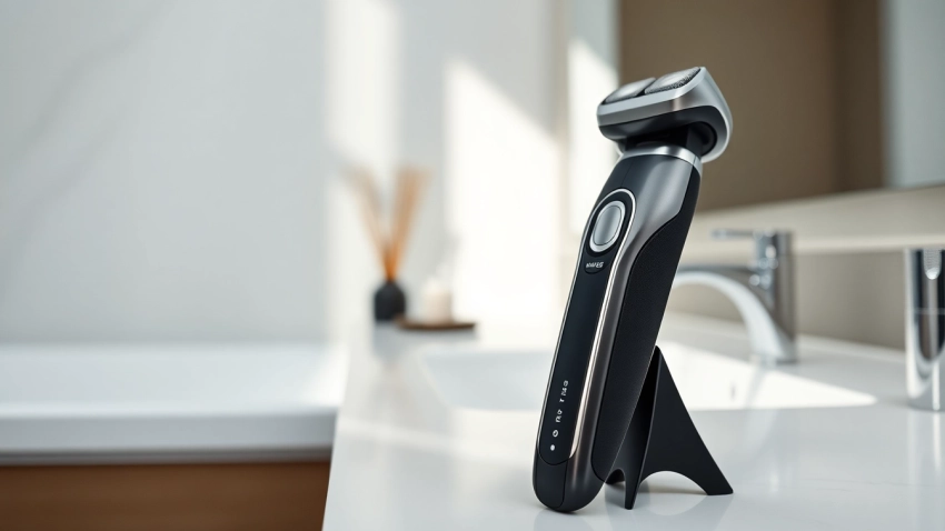 Electric Shaver for Men displayed elegantly on a bathroom countertop, highlighting modern grooming.