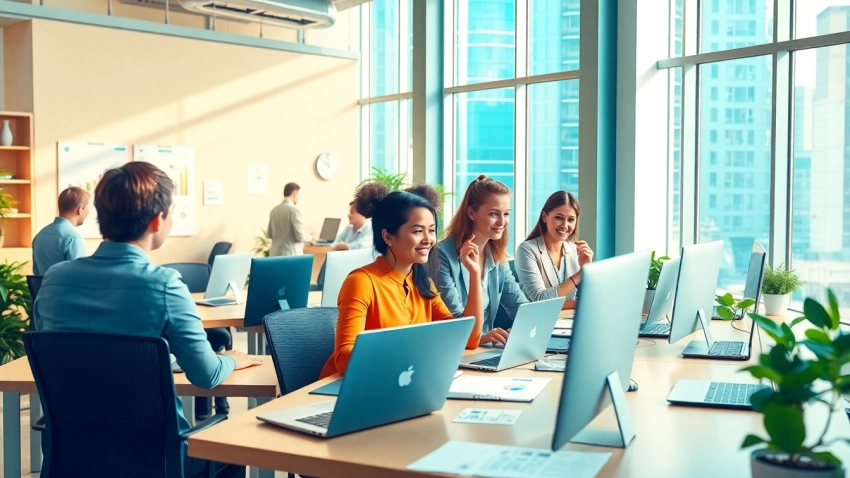 Illustrating a vibrant workspace where a search optimization company collaborates on digital strategies.