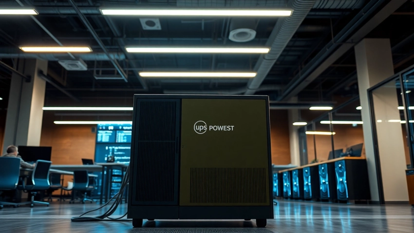 UPS Powest Colombia, destacando su diseño robusto y funcionalidad en un entorno de trabajo.
