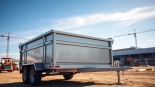 Showcasing a robust dumpster trailer for sale at a construction site, emphasizing its durability.
